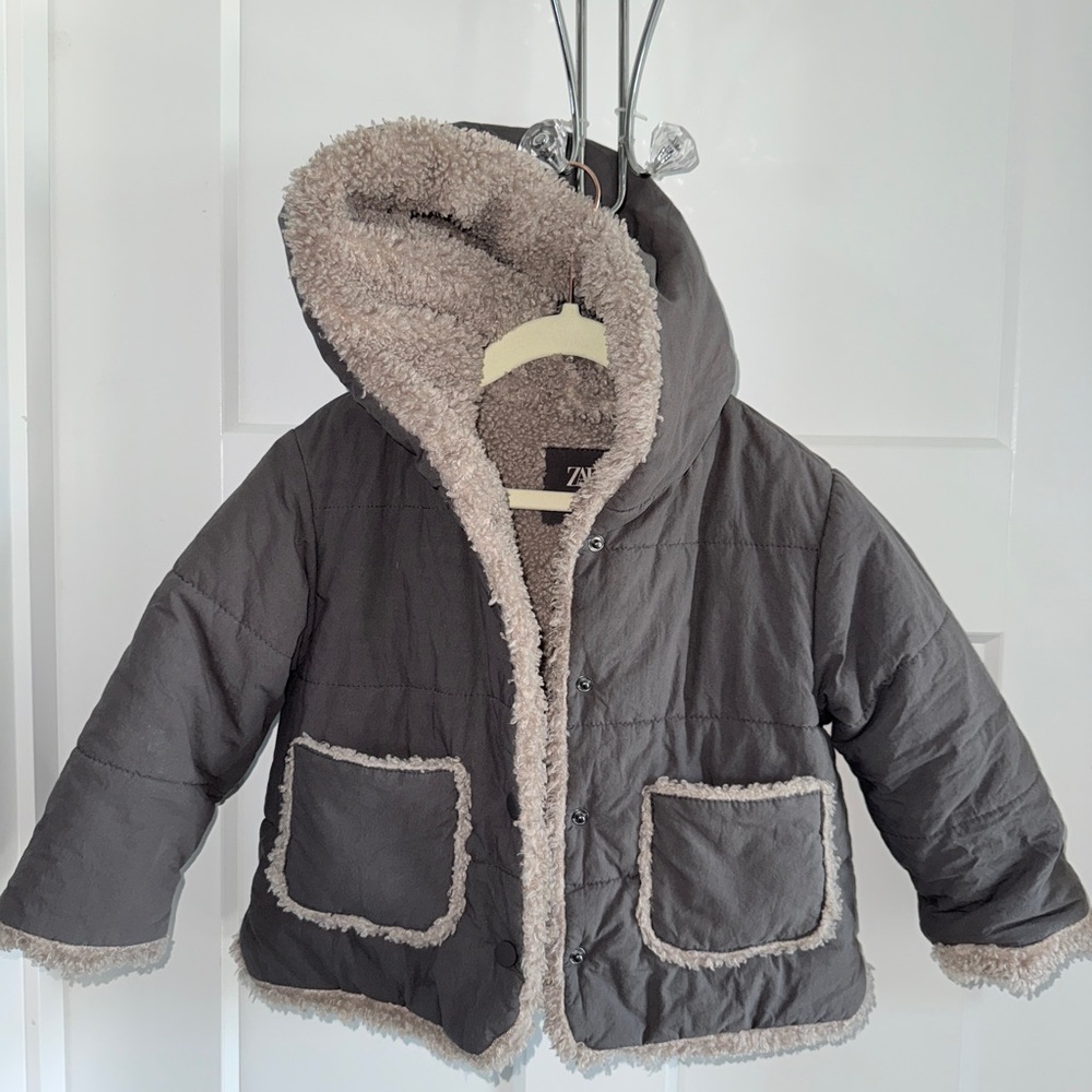 Zara Gray baby Puffer Jacket with Sherpa Trim 18/24 month